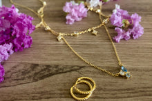 Load image into Gallery viewer, Our Dainty Blue Stone Cluster necklace is perfect to wear alone everyday to add a little shine to any look. It can also be the finishing touch to any layered stack.      925 sterling silver with platinum or 18K gold plating     Stones are AAAA cubic zirconia in white, light blue, and dark blue     16 inch chain with adjustable extender