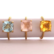 Load image into Gallery viewer, These gemstone solitaire adjustable rings with a twist band are truly a statement piece. They are stunning on their own but you can easily add these to your favorite stack.     14k gold plated 935 sterling silver adjustable