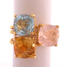 Load image into Gallery viewer, These gemstone solitaire adjustable rings with a twist band are truly a statement piece. They are stunning on their own but you can easily add these to your favorite stack.     14k gold plated 935 sterling silver adjustable