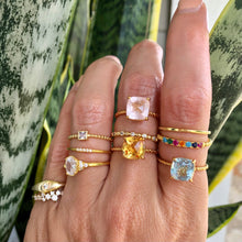 Load image into Gallery viewer, These gemstone solitaire adjustable rings with a twist band are truly a statement piece. They are stunning on their own but you can easily add these to your favorite stack.     14k gold plated 935 sterling silver adjustable