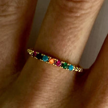 Load image into Gallery viewer, Our Minimalist Dot Rainbow Stone Ring perfect for stacking to add a little extra shine and color. It is still bold enough to be worn alone. Jewelry that is 925 sterling silver with 18K gold plating High quality synthetic stones
