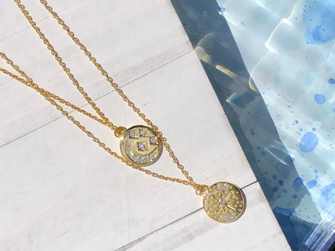 These star and moon necklaces were made to be layered with. The stones add just the right amount of sparkle. They are 14k gold plated stainless steel allowing them to be water resistant. So wear them all day everyday without worry! 